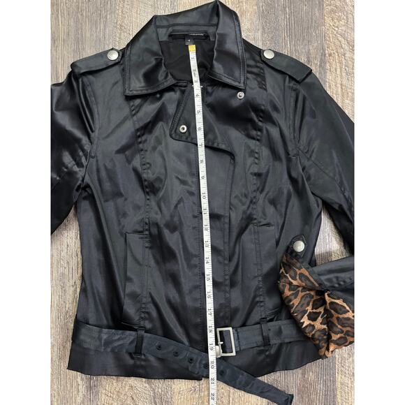 Express Design Studio Black Sateen Moto Jacket Leopard Cuff Belted Biker Size 4 - Picture 3 of 6